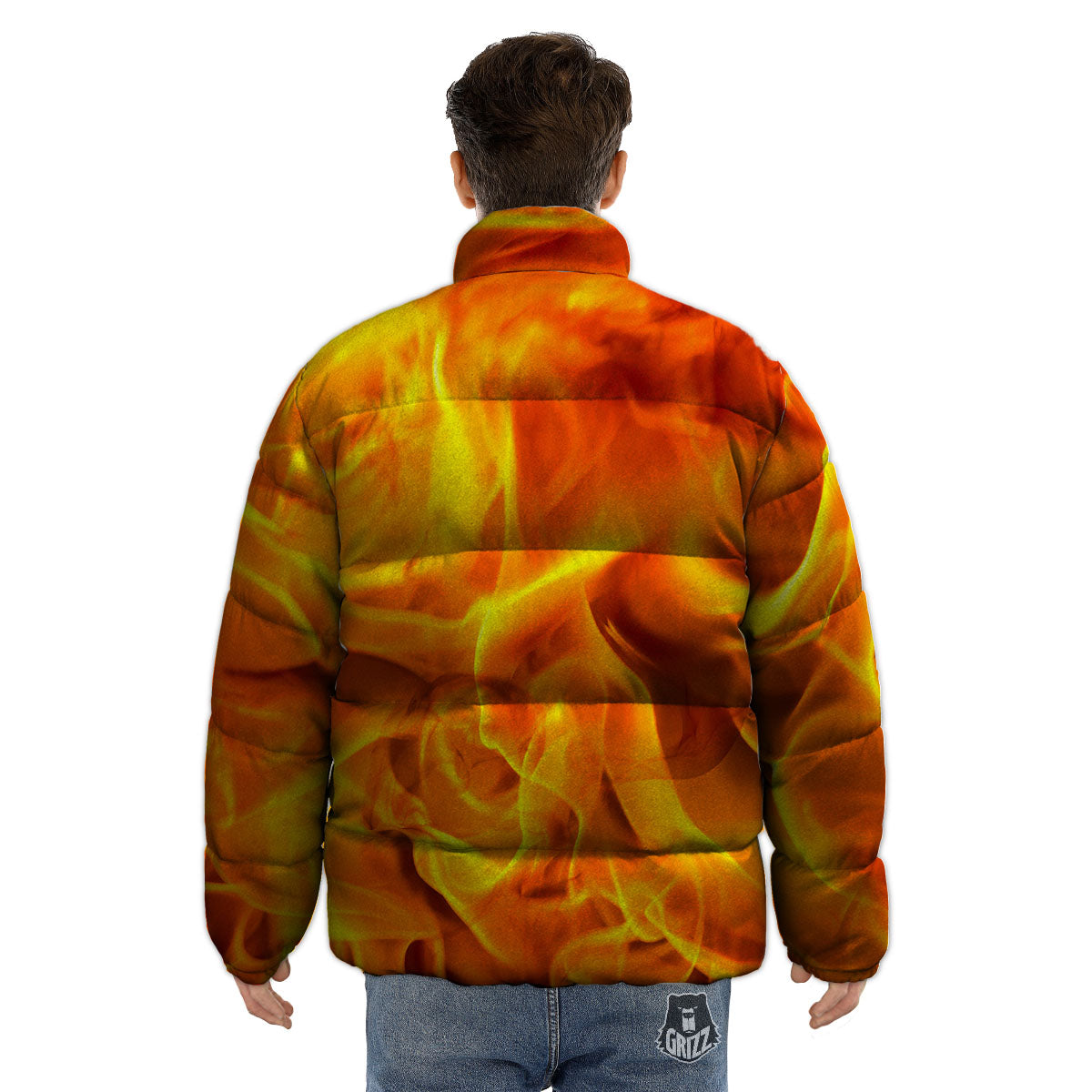 Burning Fire Flame Print Puffer Jacket-grizzshop