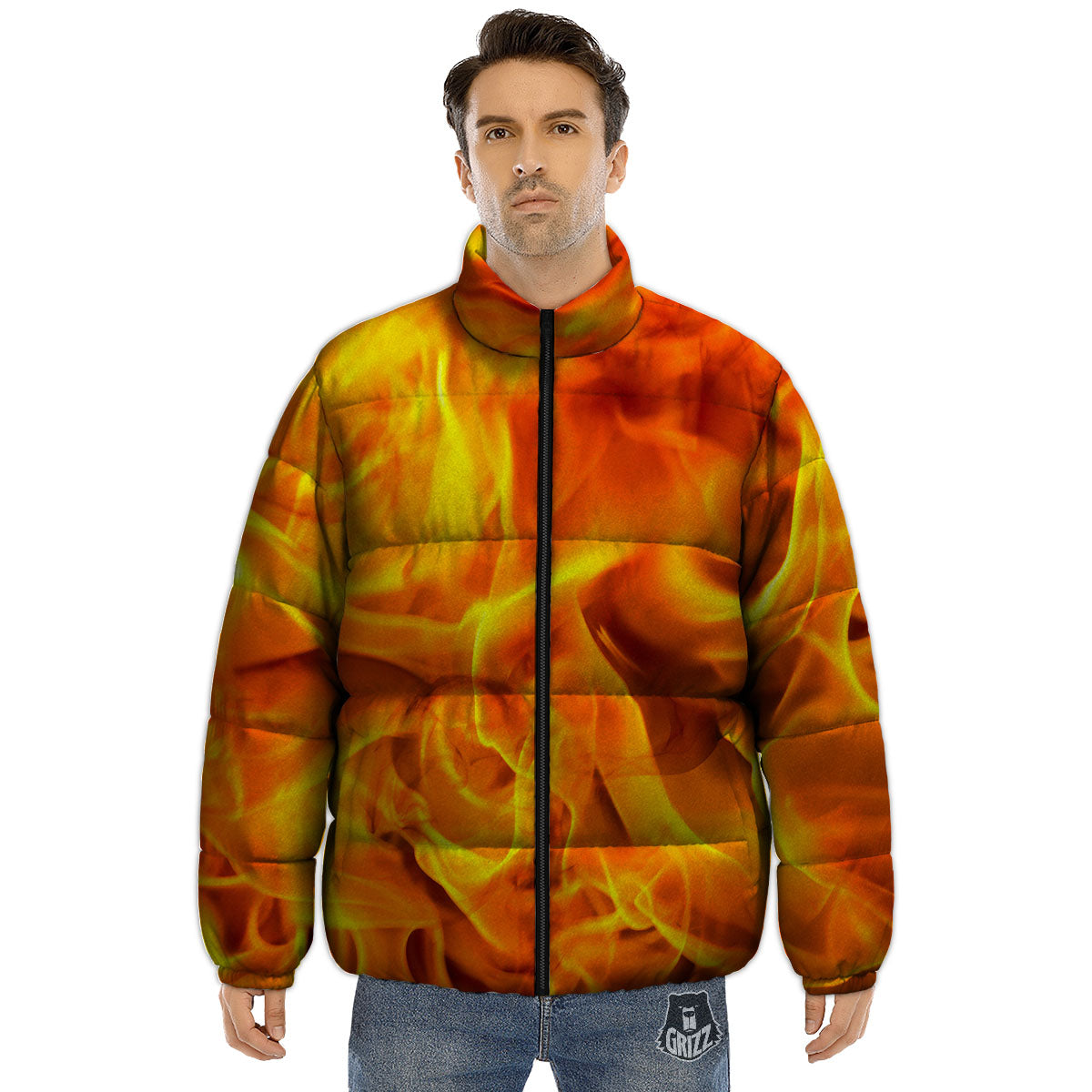 Burning Fire Flame Print Puffer Jacket-grizzshop