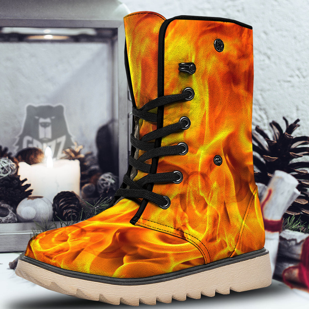 Burning Fire Flame Print Snow Boots-grizzshop