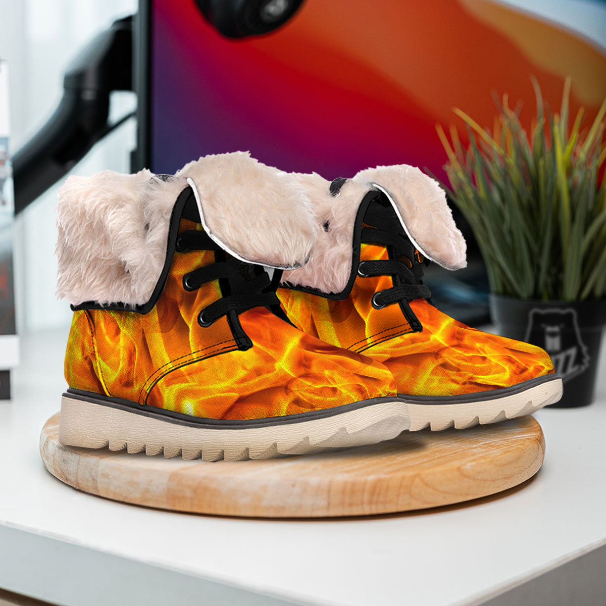 Burning Fire Flame Print Snow Boots-grizzshop