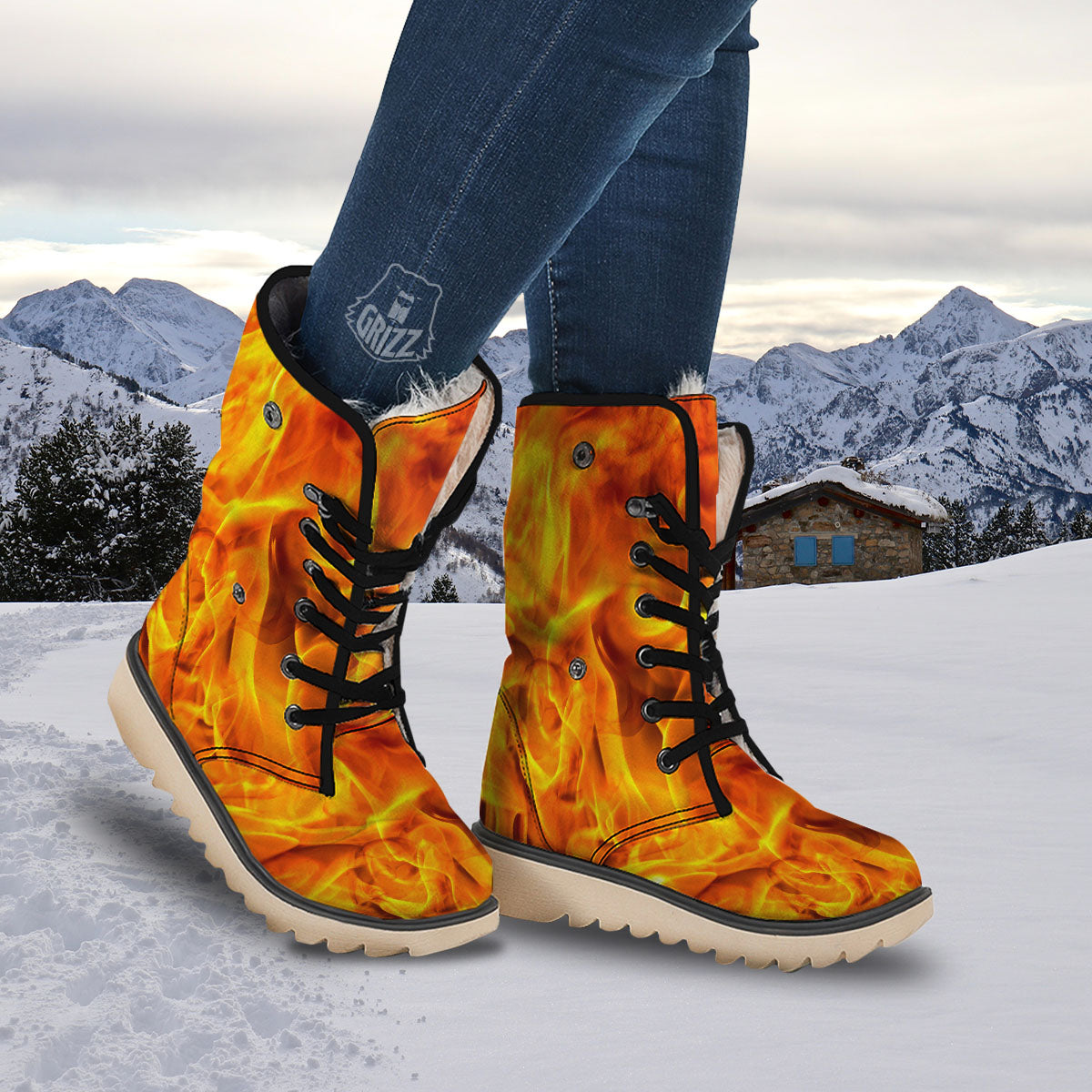 Burning Fire Flame Print Snow Boots-grizzshop