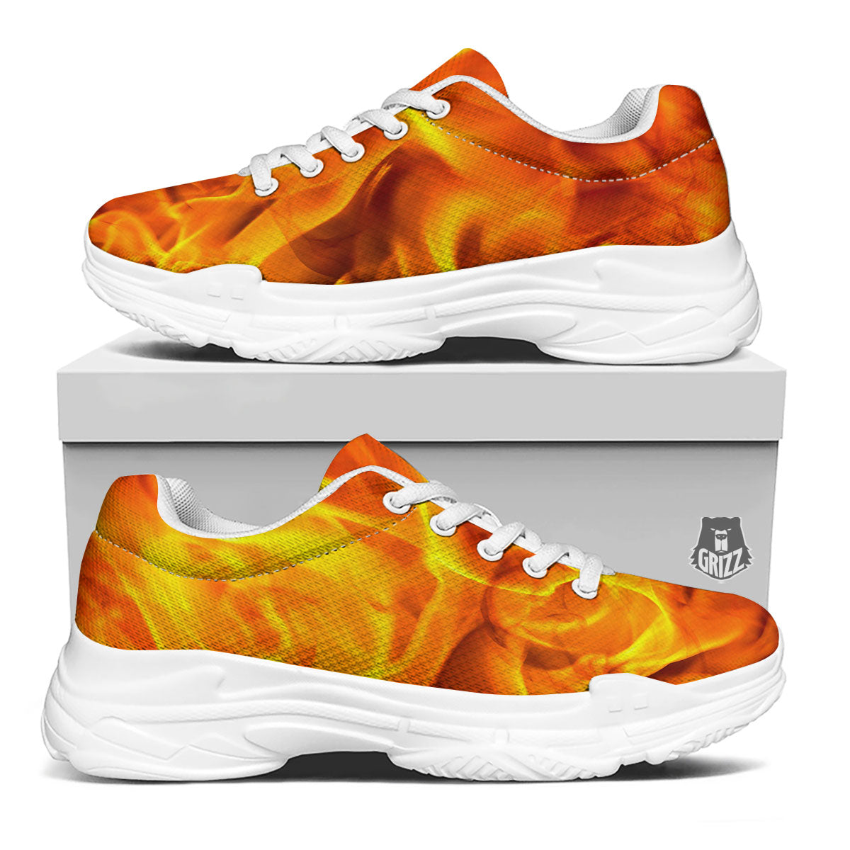 Burning Fire Flame Print White Chunky Shoes-grizzshop