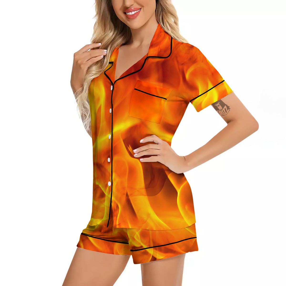 Burning Fire Flame Print Women Silk Pajamas-grizzshop