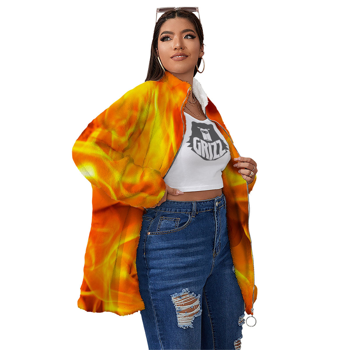 Burning Fire Flame Print Women's Sherpa Jacket-grizzshop