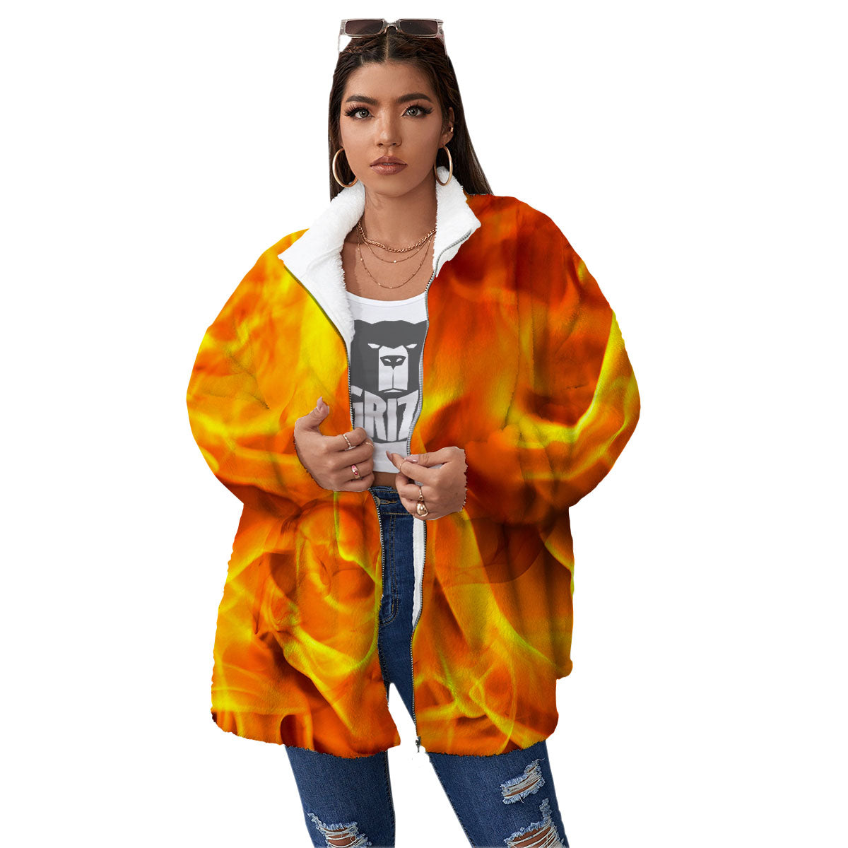 Burning Fire Flame Print Women's Sherpa Jacket-grizzshop