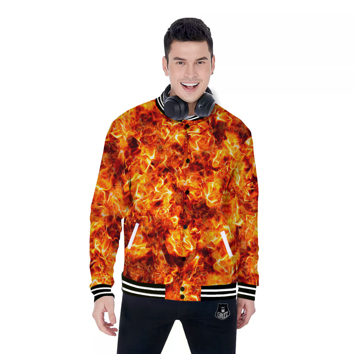 Burning Lava Print Baseball Jacket-grizzshop