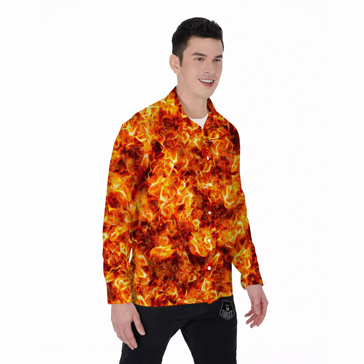 Burning Lava Print Men's Long Sleeve Shirts-grizzshop