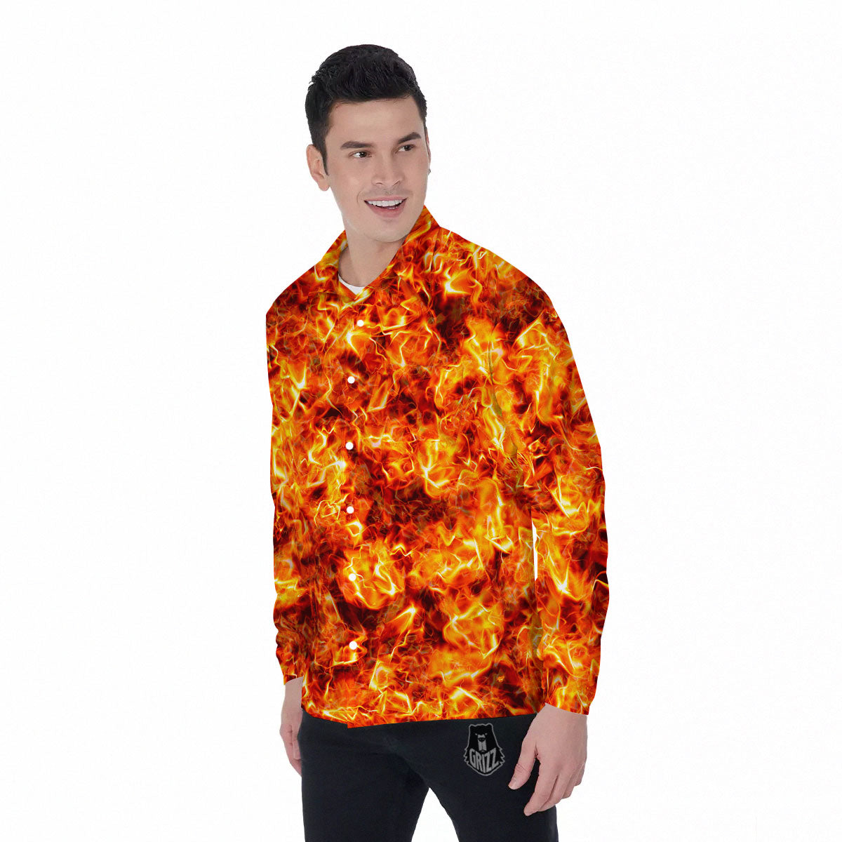 Burning Lava Print Men's Long Sleeve Shirts-grizzshop
