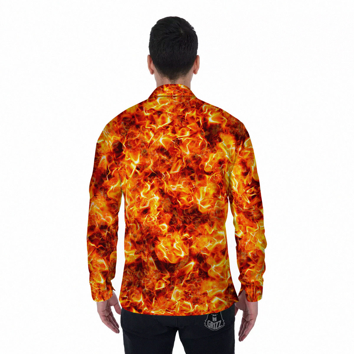 Burning Lava Print Men's Long Sleeve Shirts-grizzshop