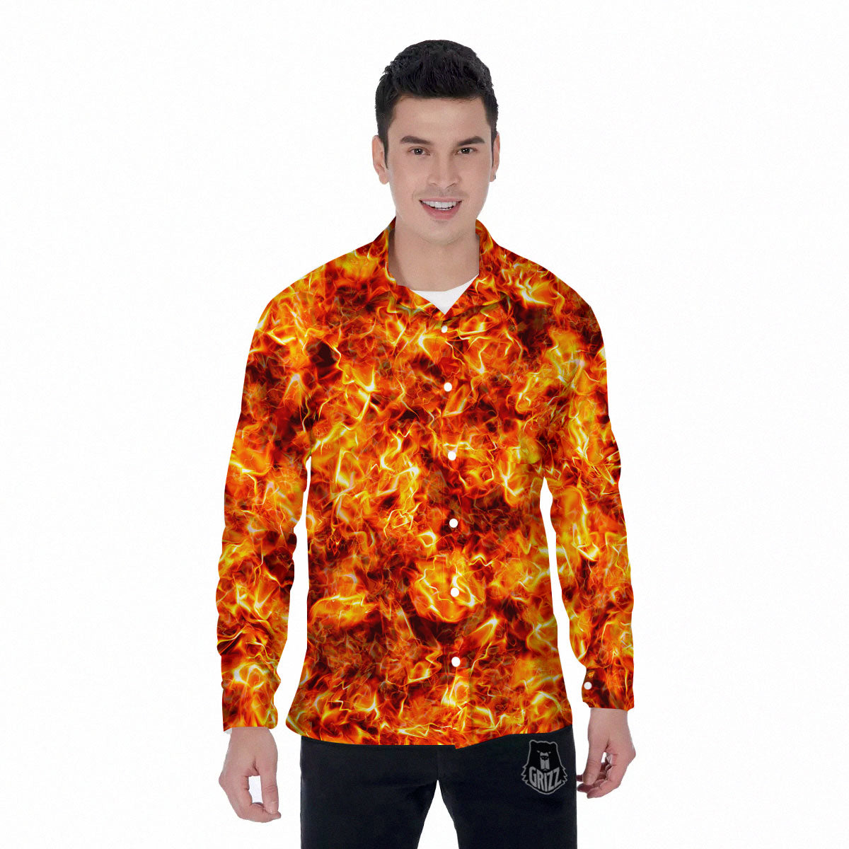 Burning Lava Print Men's Long Sleeve Shirts-grizzshop