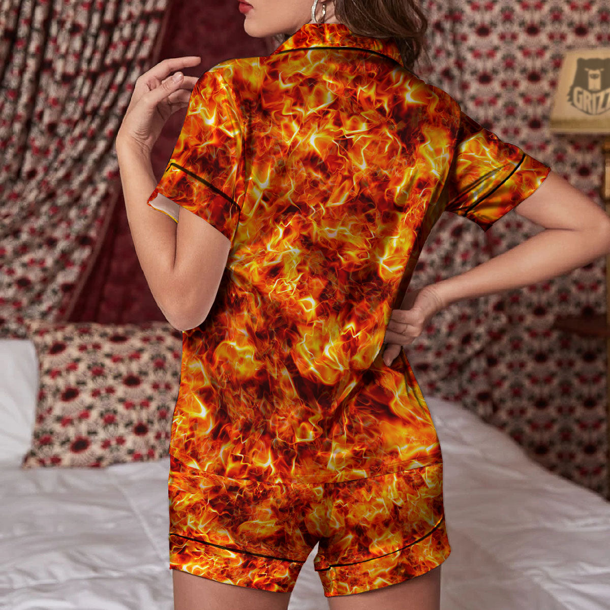 Burning Lava Print Women Silk Pajamas-grizzshop