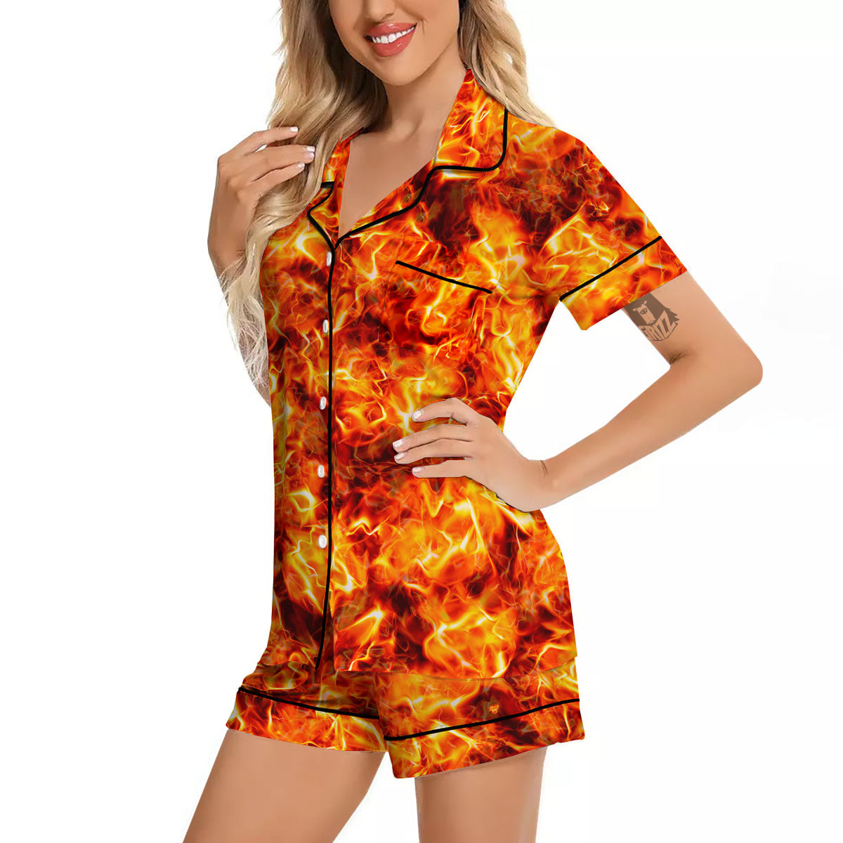 Burning Lava Print Women Silk Pajamas-grizzshop