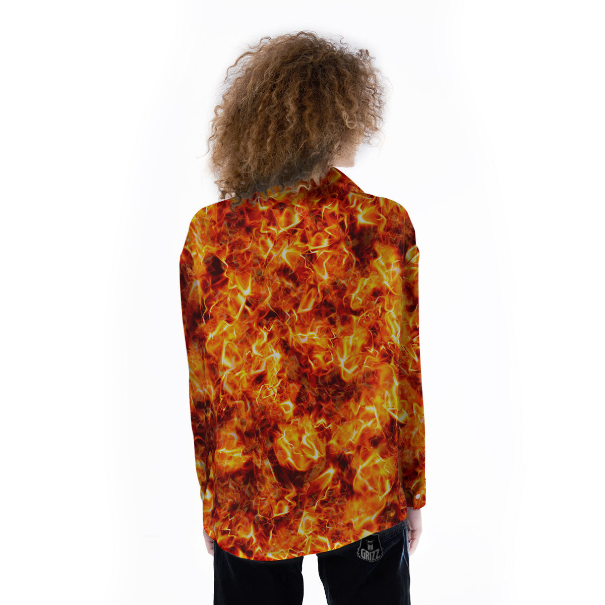 Burning Lava Print Women's Long Sleeve Shirts-grizzshop