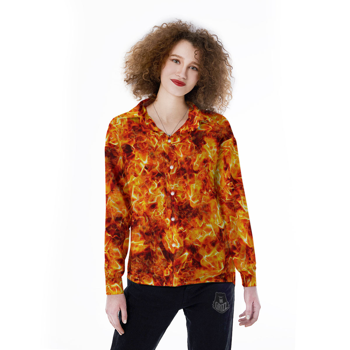 Burning Lava Print Women's Long Sleeve Shirts-grizzshop