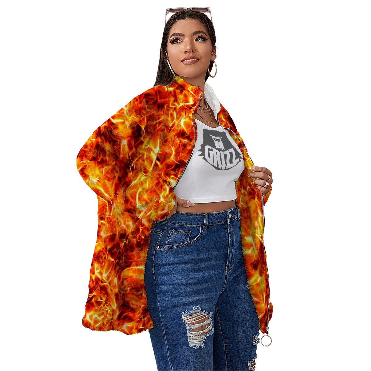 Burning Lava Print Women's Sherpa Jacket-grizzshop