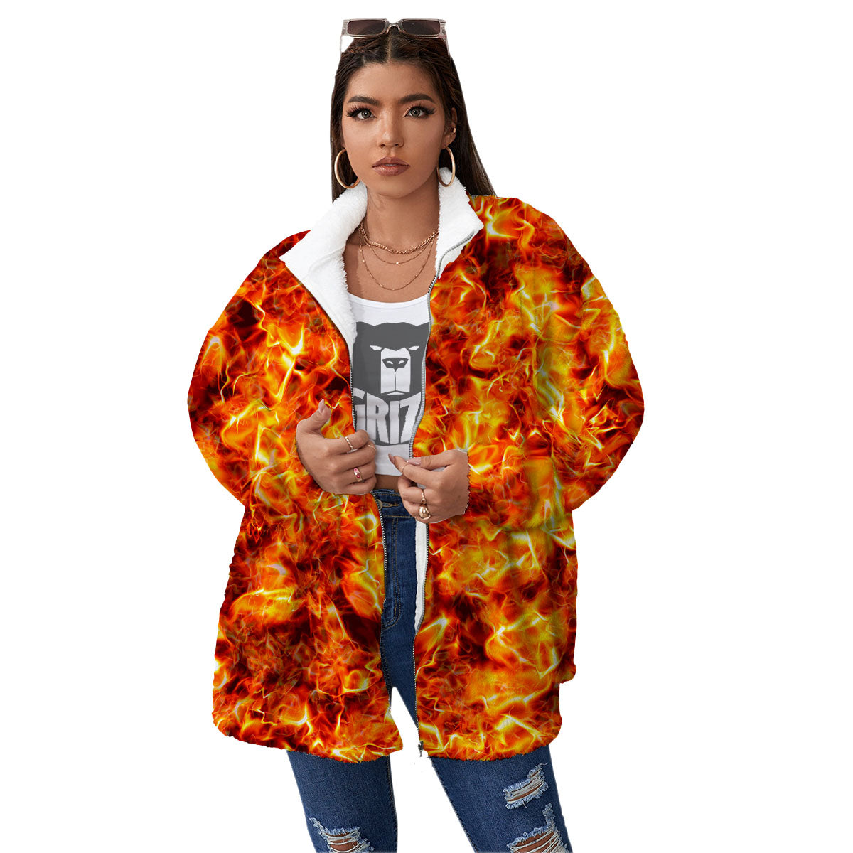 Burning Lava Print Women's Sherpa Jacket-grizzshop
