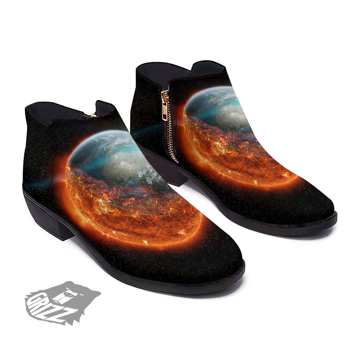 Burning Planet Print Ankle Boots-grizzshop