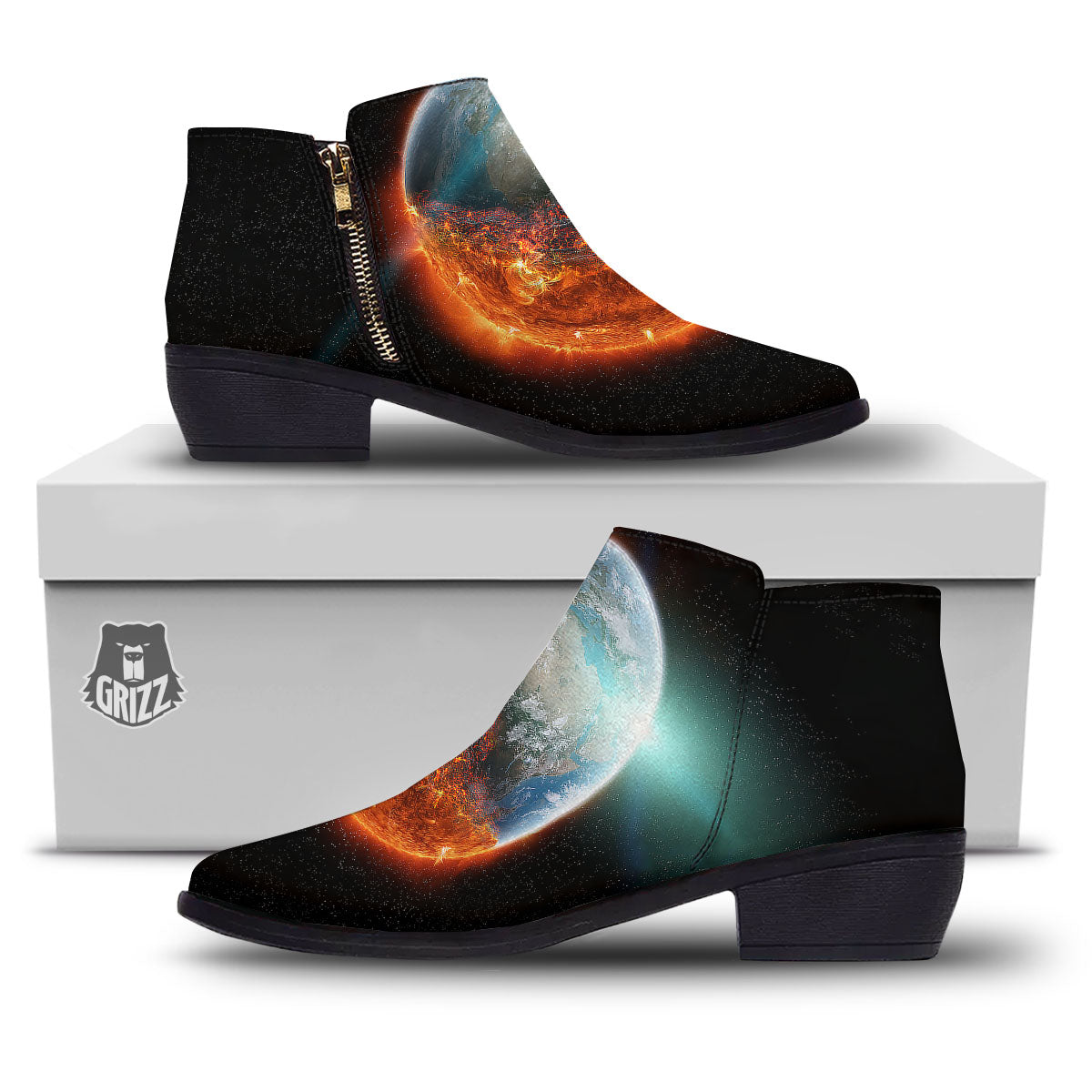 Burning Planet Print Ankle Boots-grizzshop