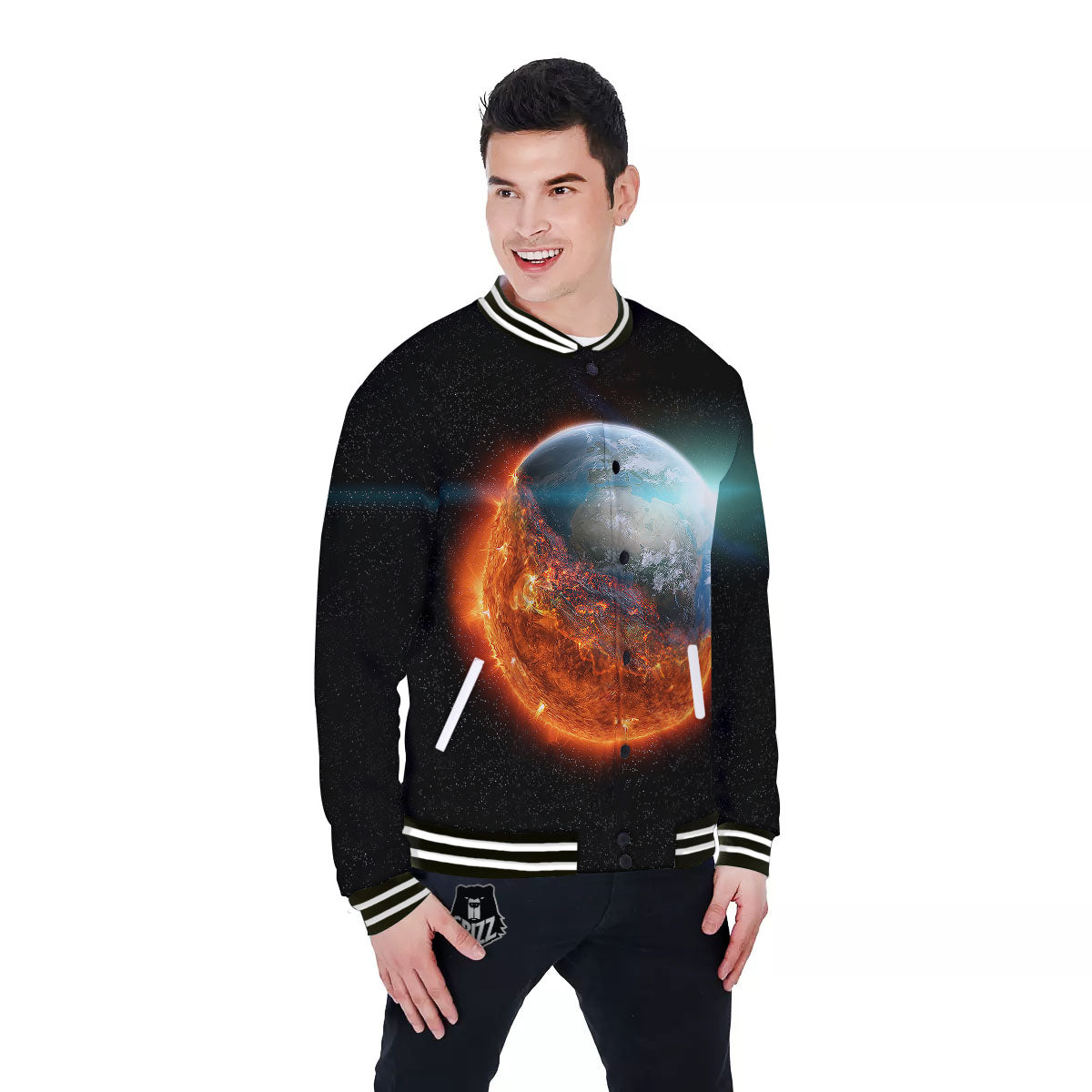 Burning Planet Print Baseball Jacket-grizzshop