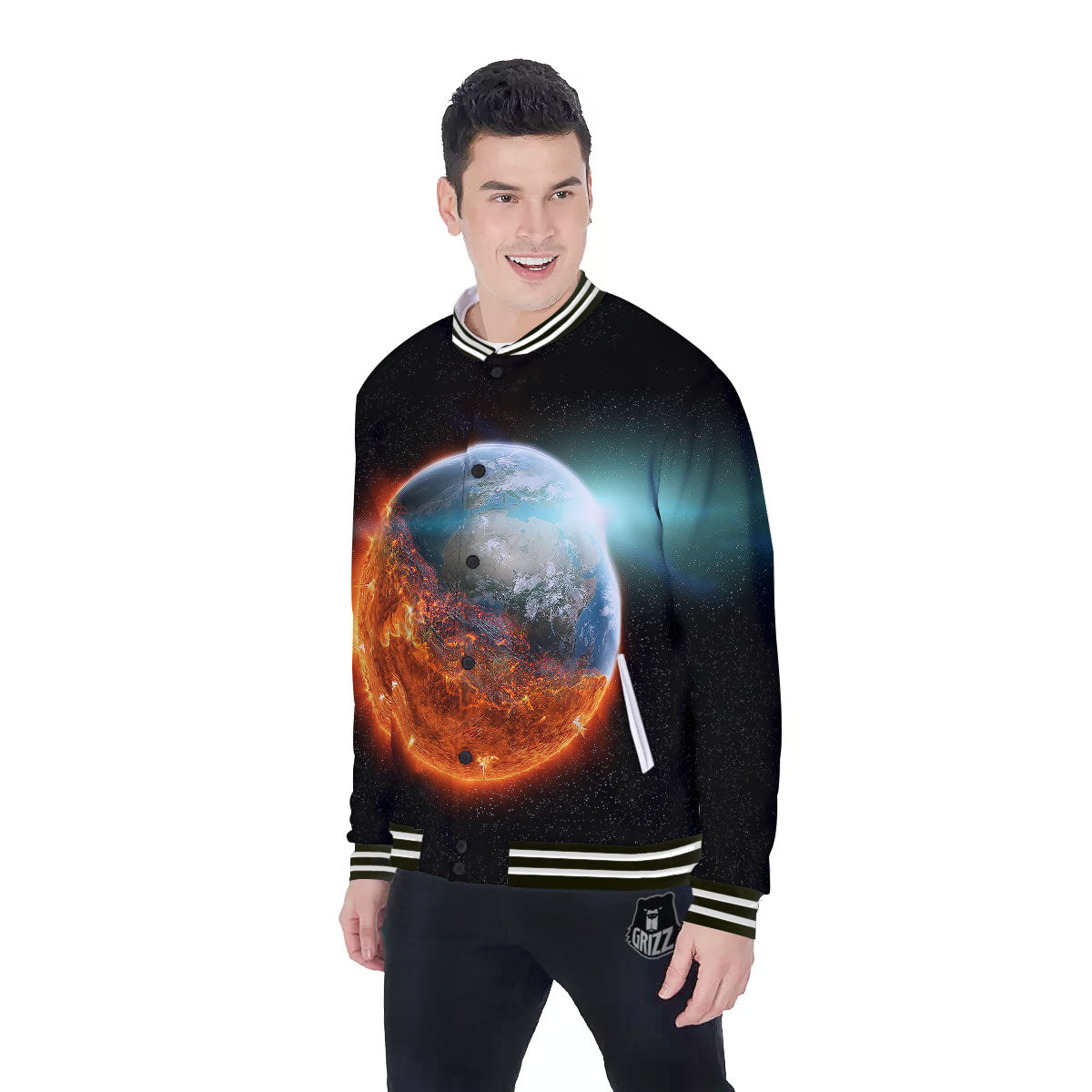 Burning Planet Print Baseball Jacket-grizzshop