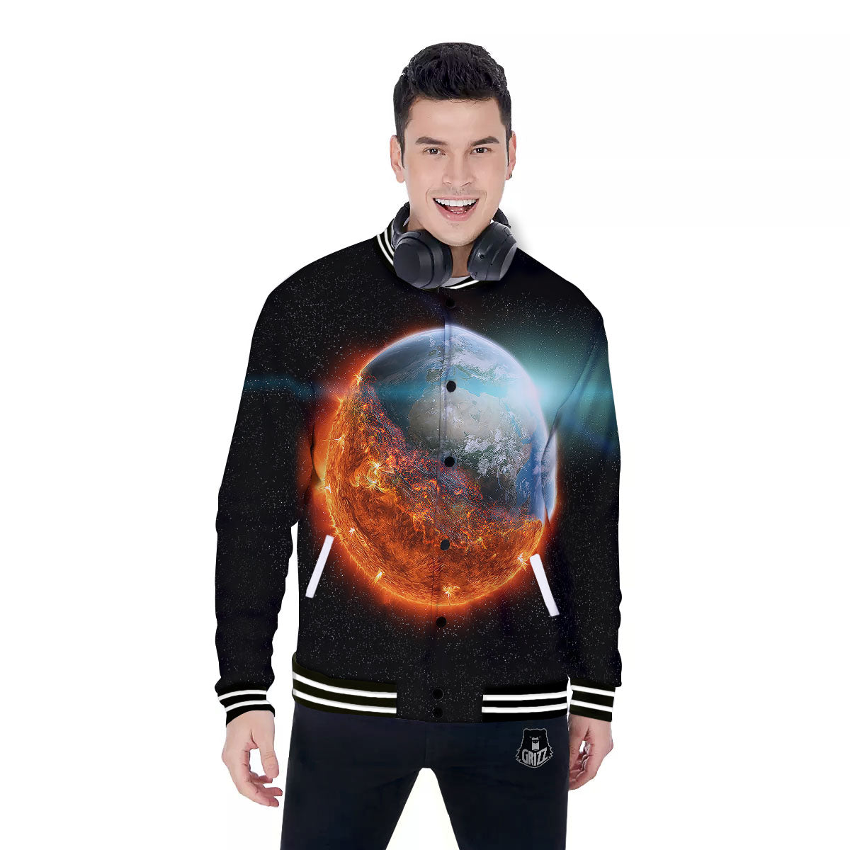 Burning Planet Print Baseball Jacket-grizzshop