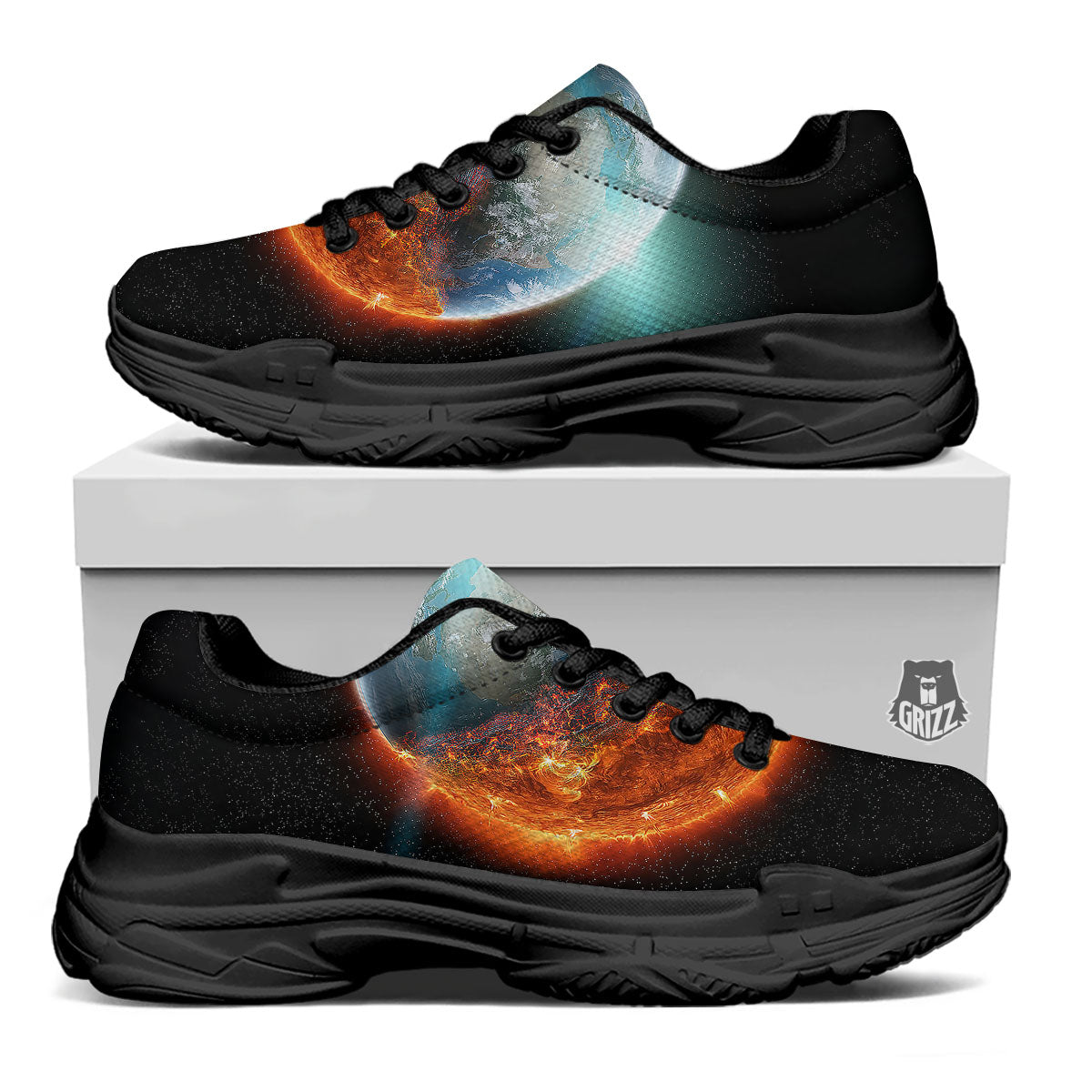 Burning Planet Print Black Chunky Shoes-grizzshop