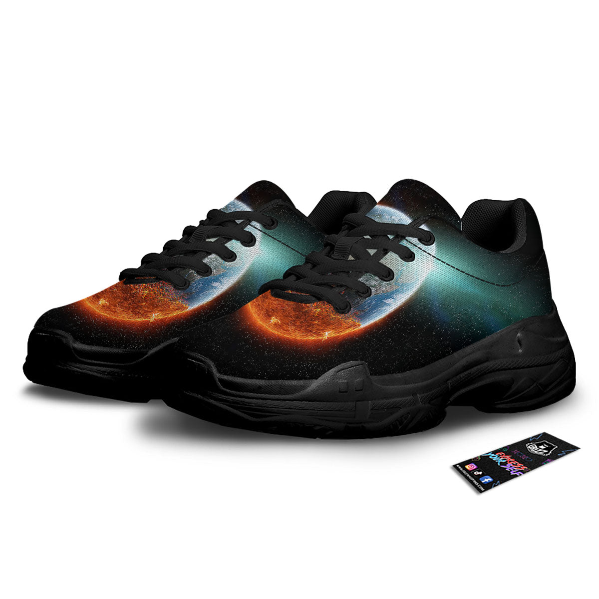 Burning Planet Print Black Chunky Shoes-grizzshop