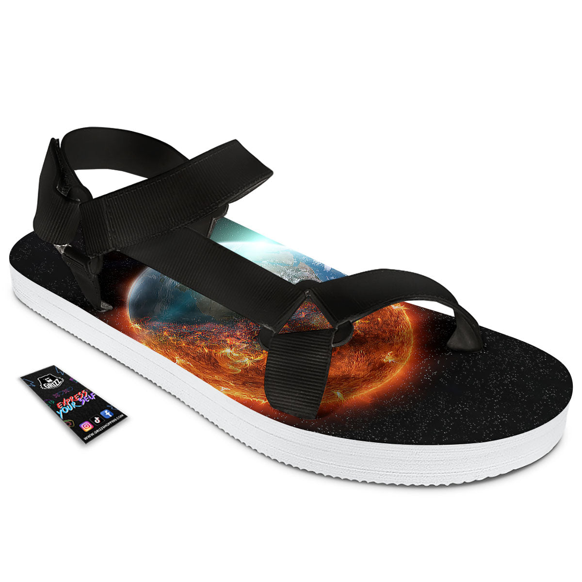 Burning Planet Print Black Open Toe Sandals-grizzshop