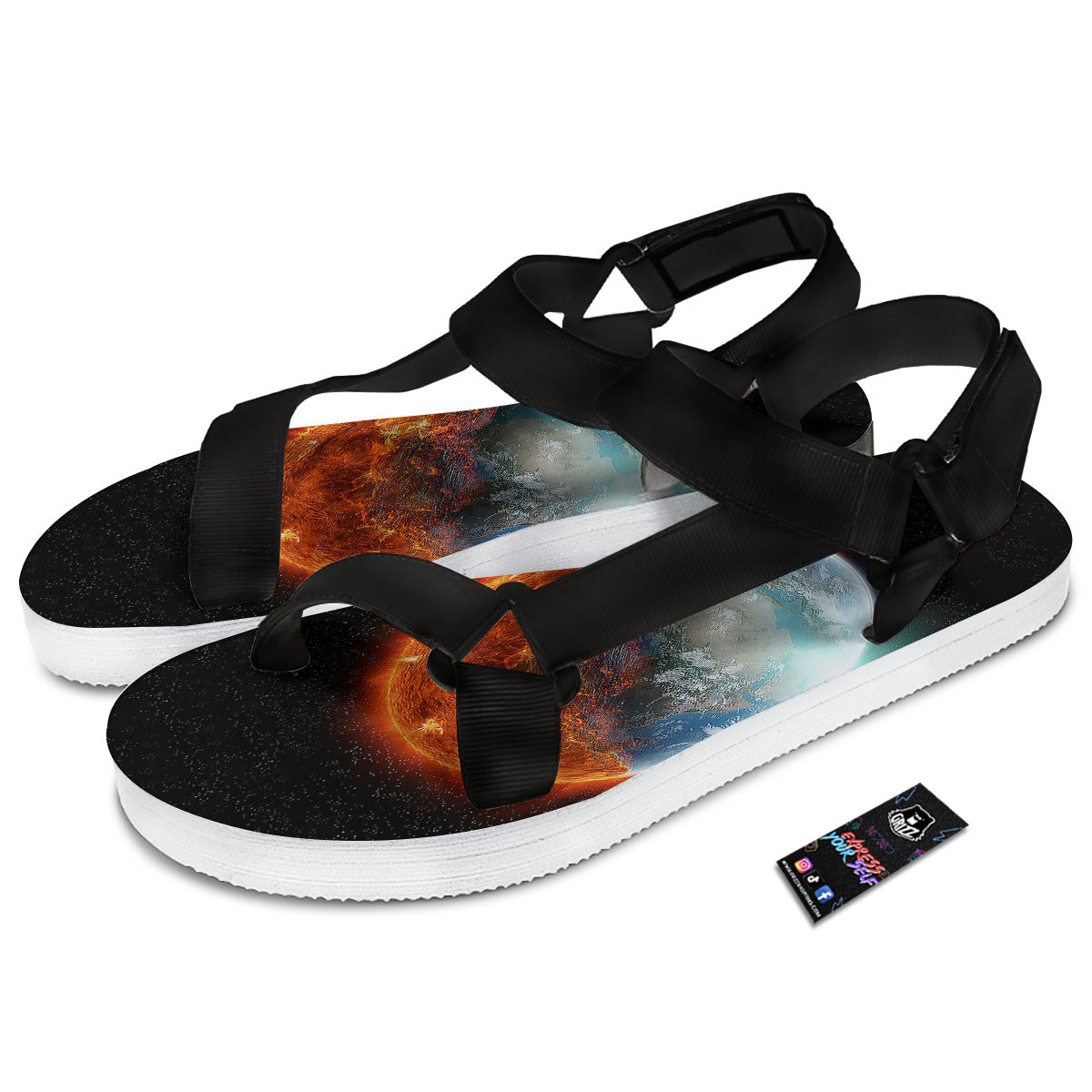 Burning Planet Print Black Open Toe Sandals-grizzshop
