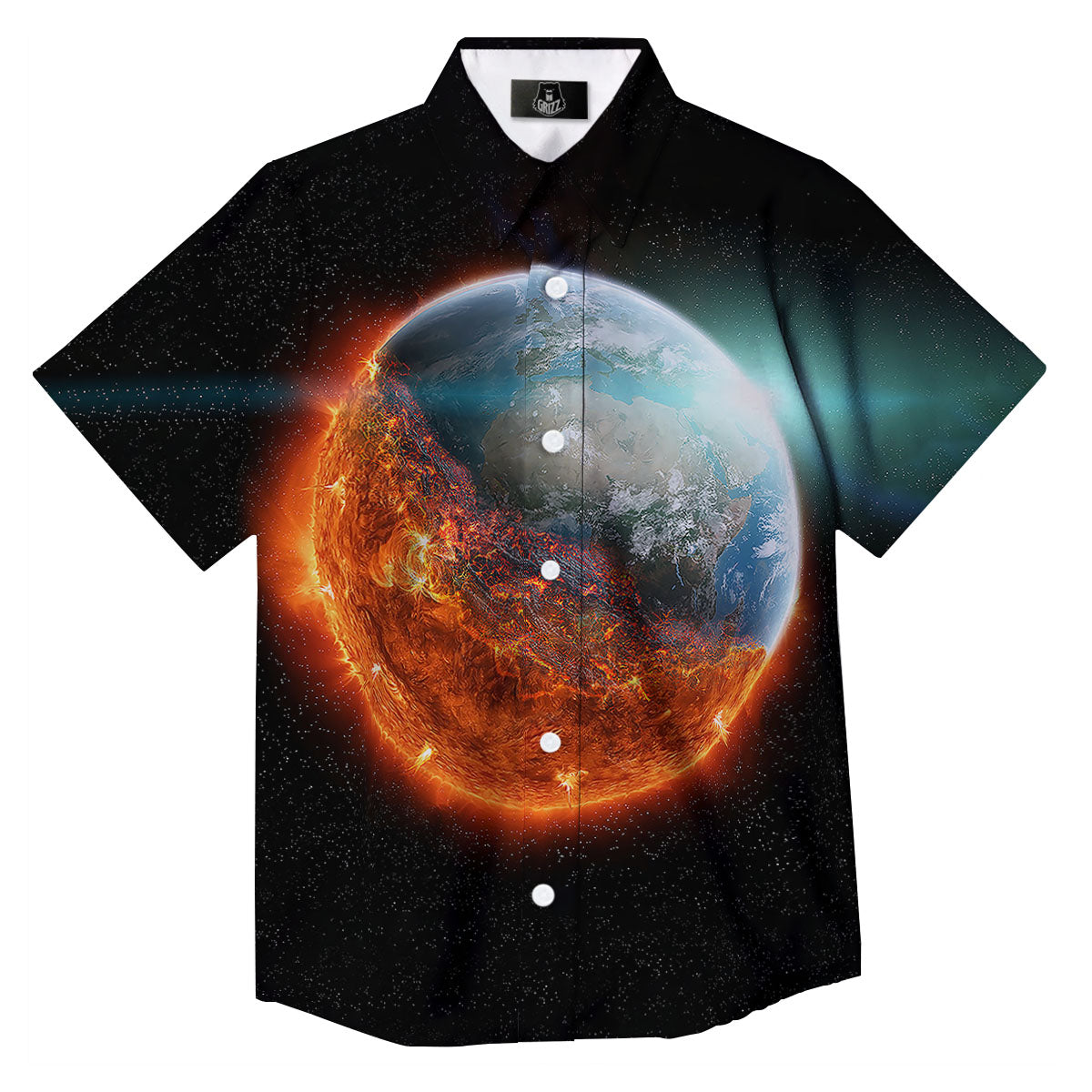 Burning Planet Print Button Up Shirt-grizzshop