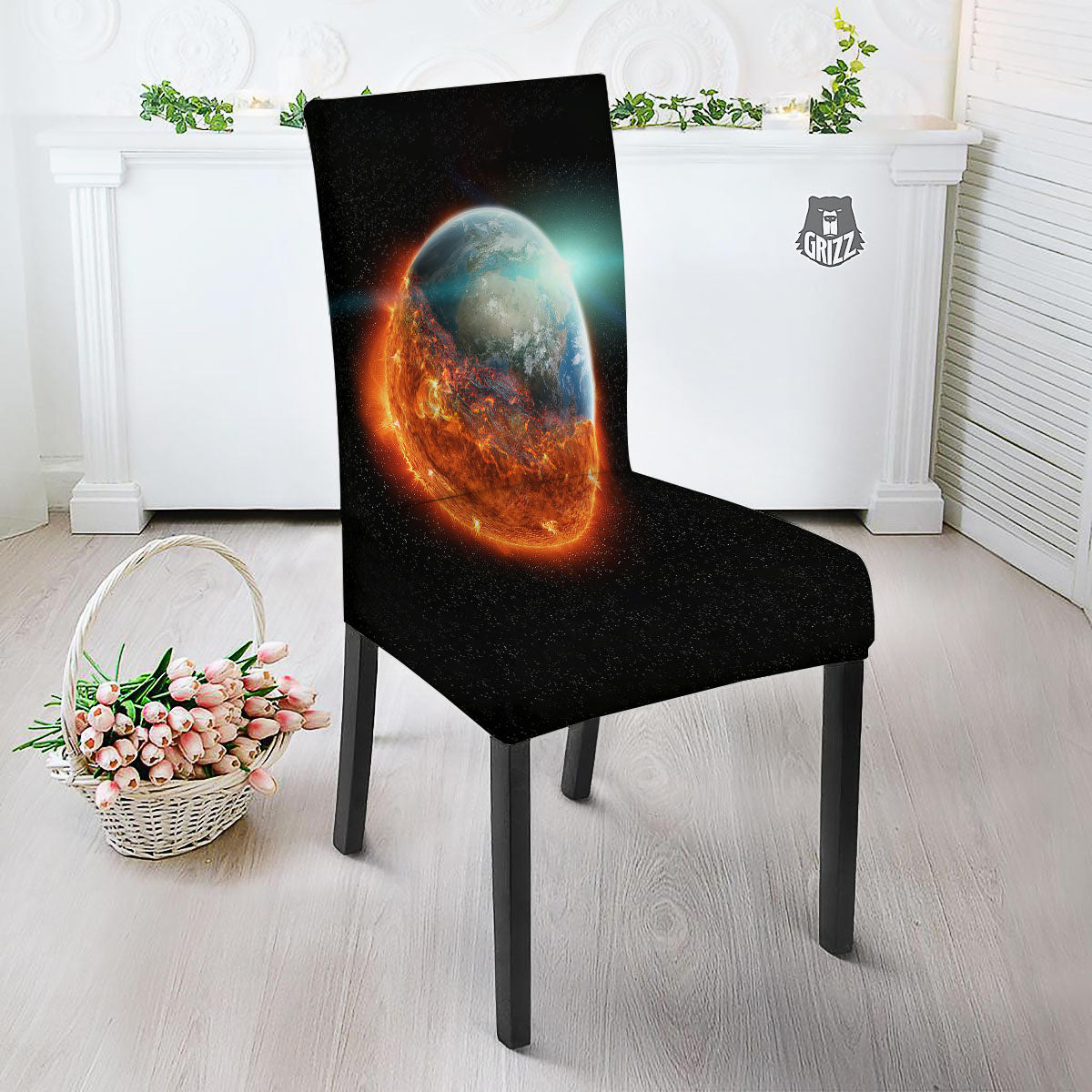 Burning Planet Print Dining Chair Slipcover-grizzshop