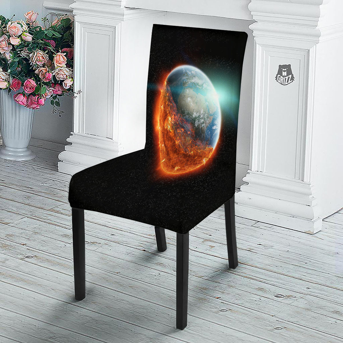 Burning Planet Print Dining Chair Slipcover-grizzshop