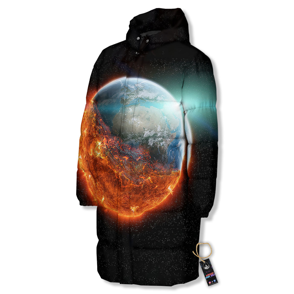 Burning Planet Print Long Down Jacket-grizzshop