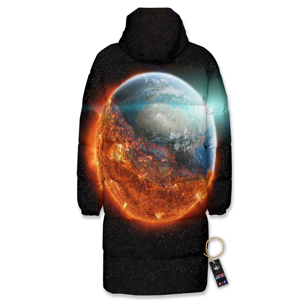 Burning Planet Print Long Down Jacket-grizzshop
