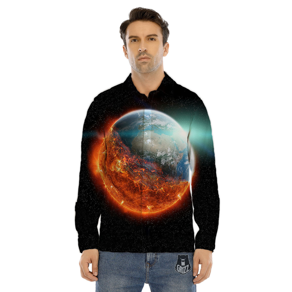 Burning Planet Print Men's Dress Shirts-grizzshop