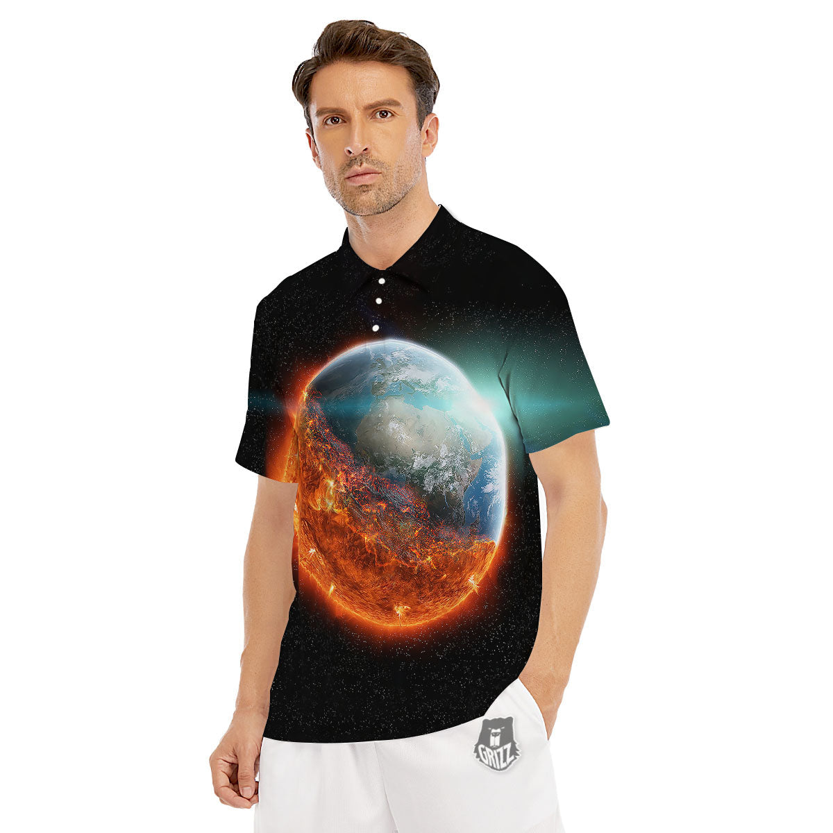 Burning Planet Print Men's Golf Shirts-grizzshop