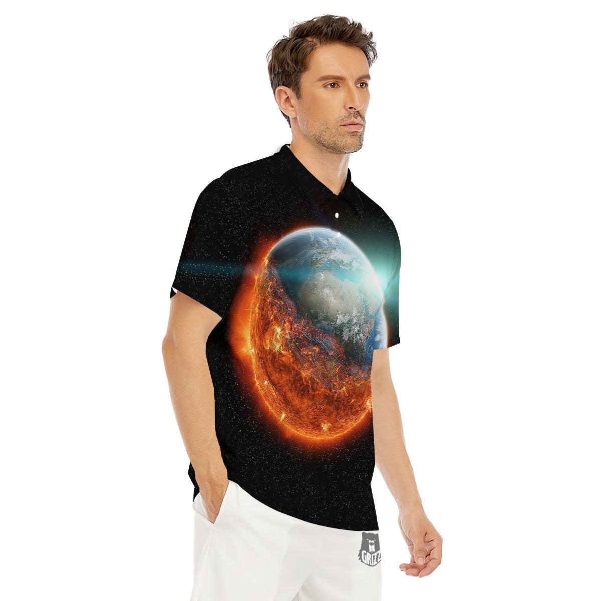 Burning Planet Print Men's Golf Shirts-grizzshop