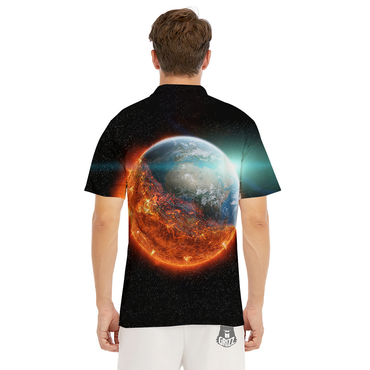 Burning Planet Print Men's Golf Shirts-grizzshop