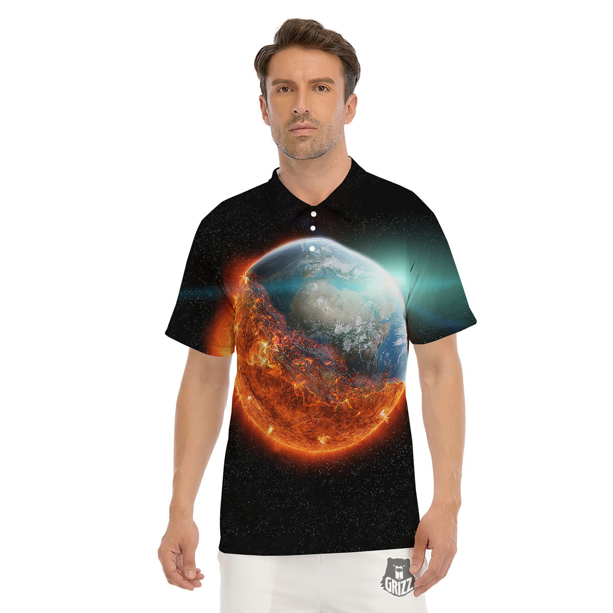 Burning Planet Print Men's Golf Shirts-grizzshop