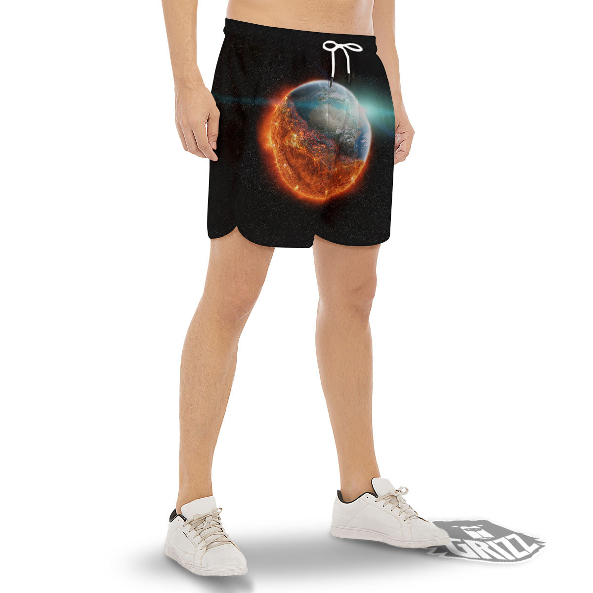 Burning Planet Print Men's Gym Shorts-grizzshop