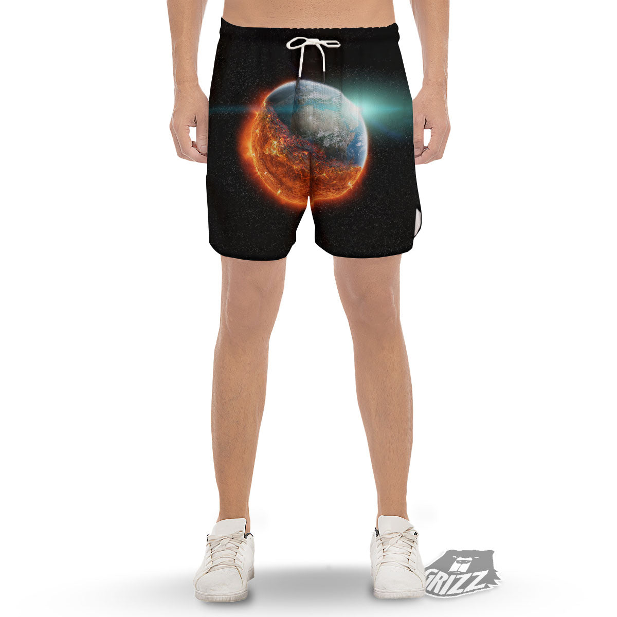 Burning Planet Print Men's Gym Shorts-grizzshop