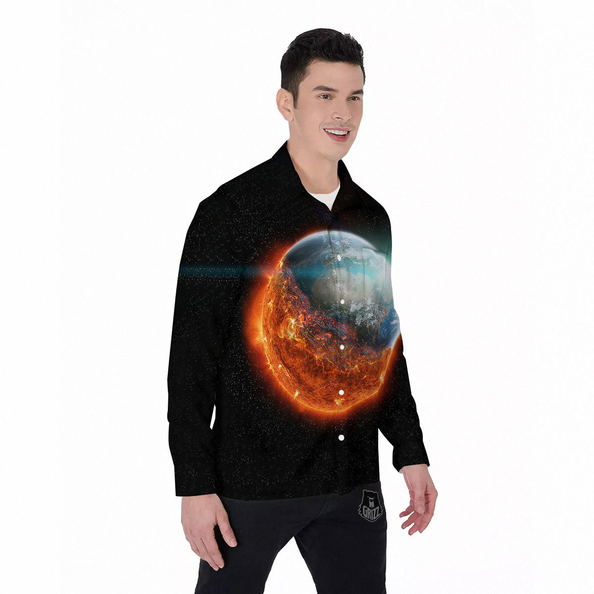 Burning Planet Print Men's Long Sleeve Shirts-grizzshop