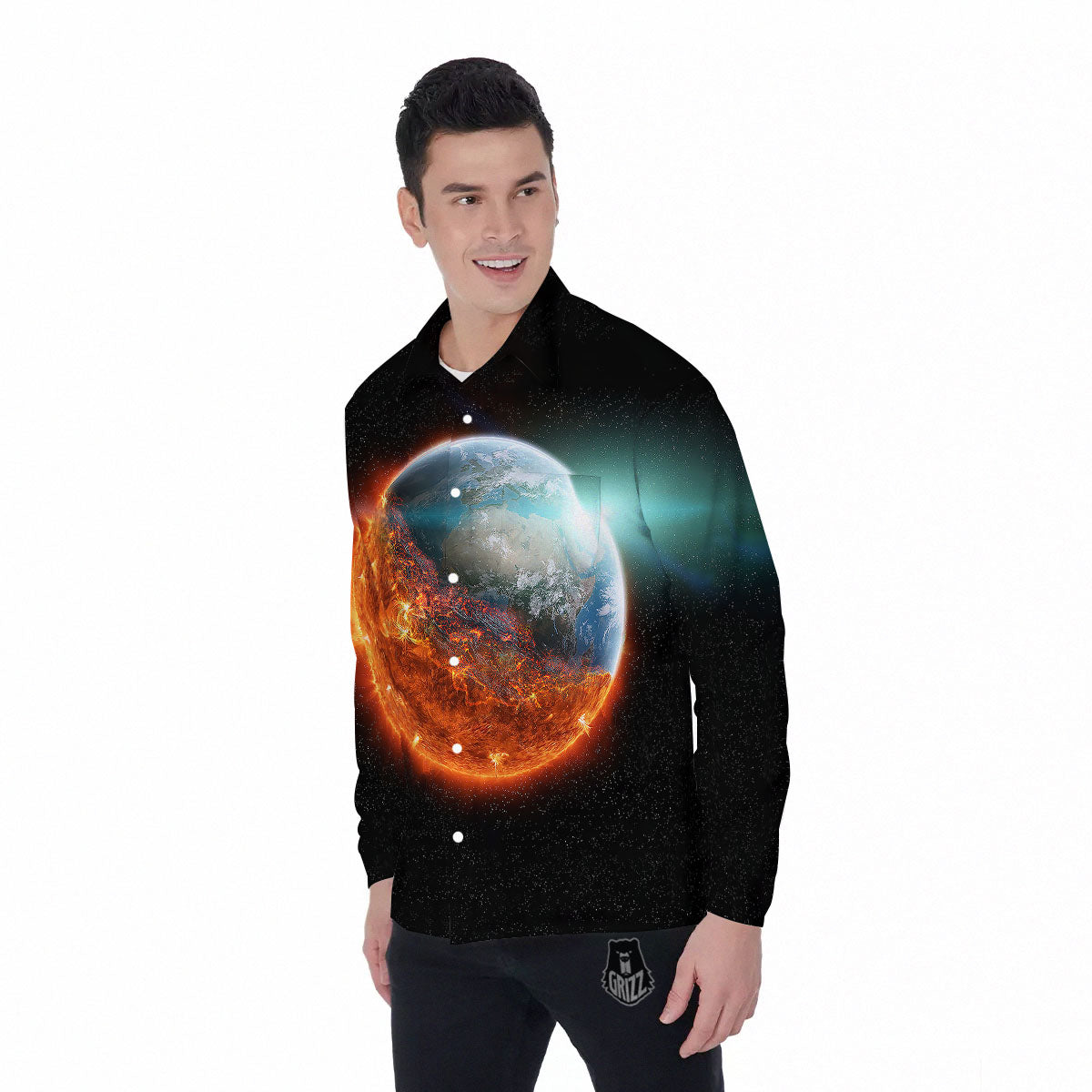 Burning Planet Print Men's Long Sleeve Shirts-grizzshop