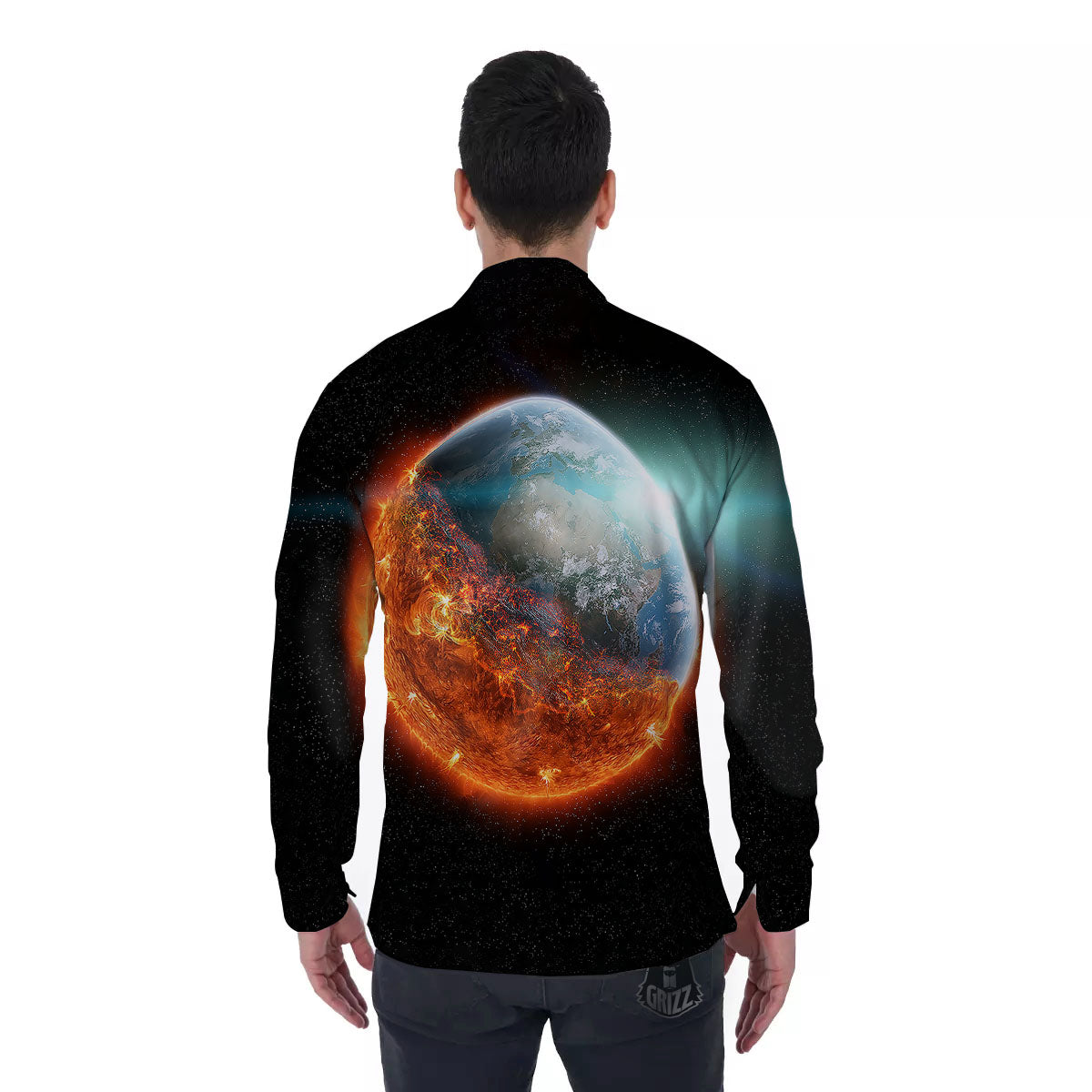 Burning Planet Print Men's Long Sleeve Shirts-grizzshop