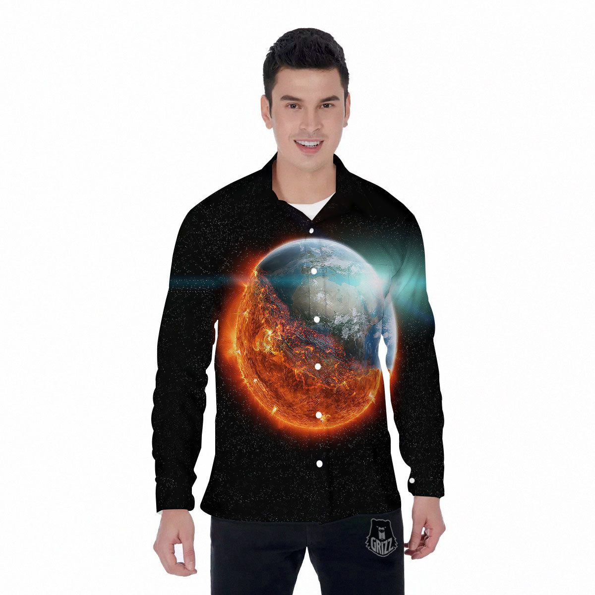 Burning Planet Print Men's Long Sleeve Shirts-grizzshop