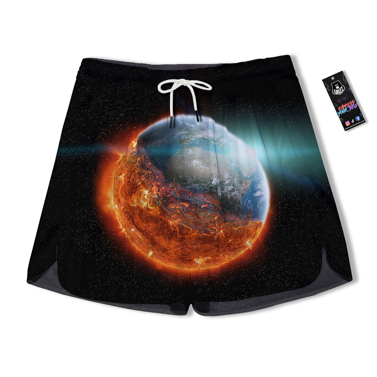 Burning Planet Print Men's Running Shorts-grizzshop