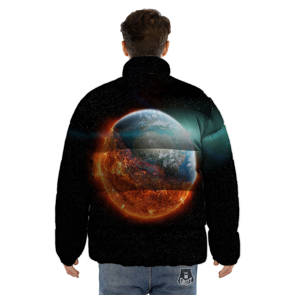 Burning Planet Print Puffer Jacket-grizzshop