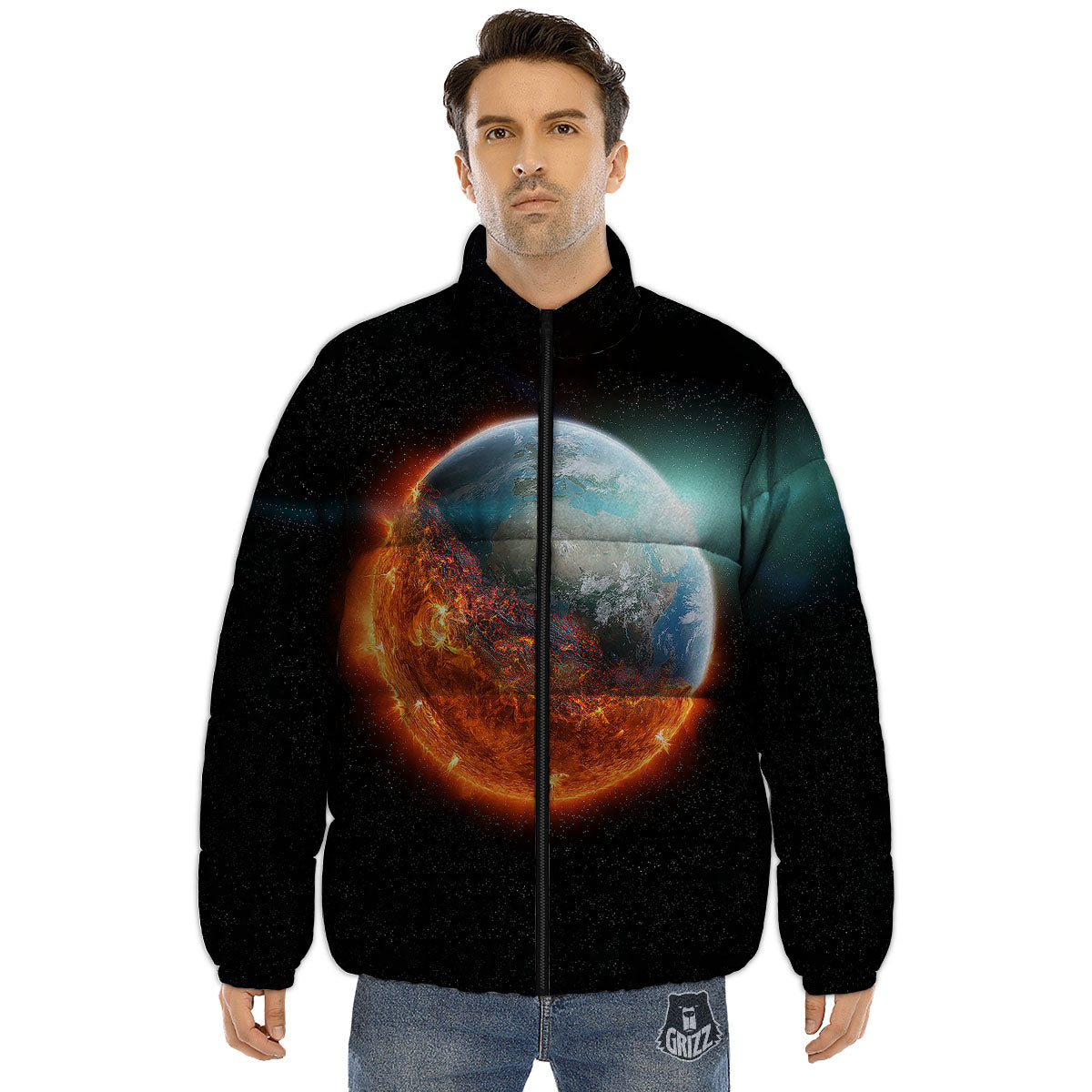 Burning Planet Print Puffer Jacket-grizzshop