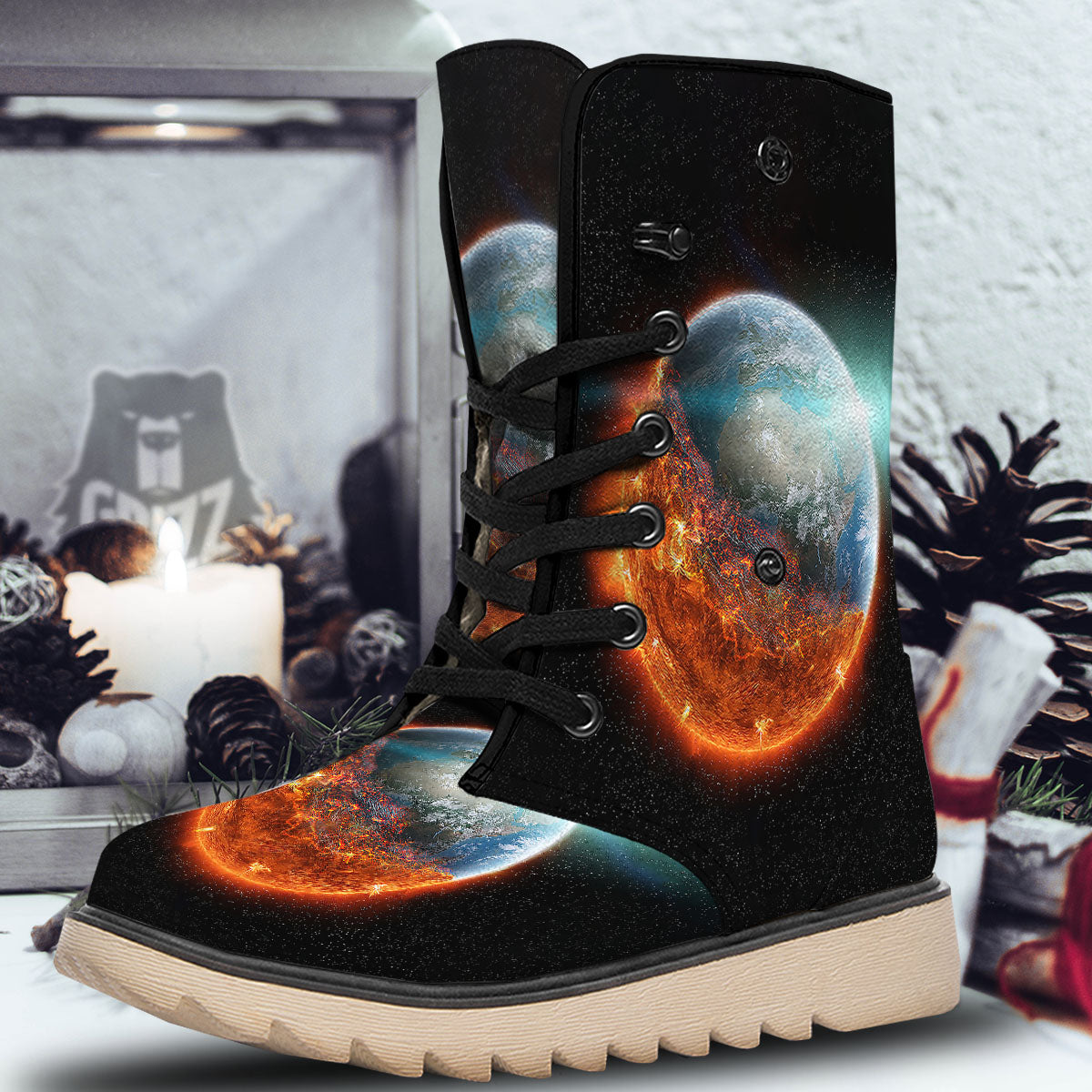 Burning Planet Print Snow Boots-grizzshop