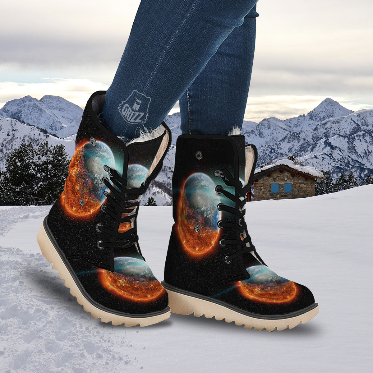 Burning Planet Print Snow Boots-grizzshop